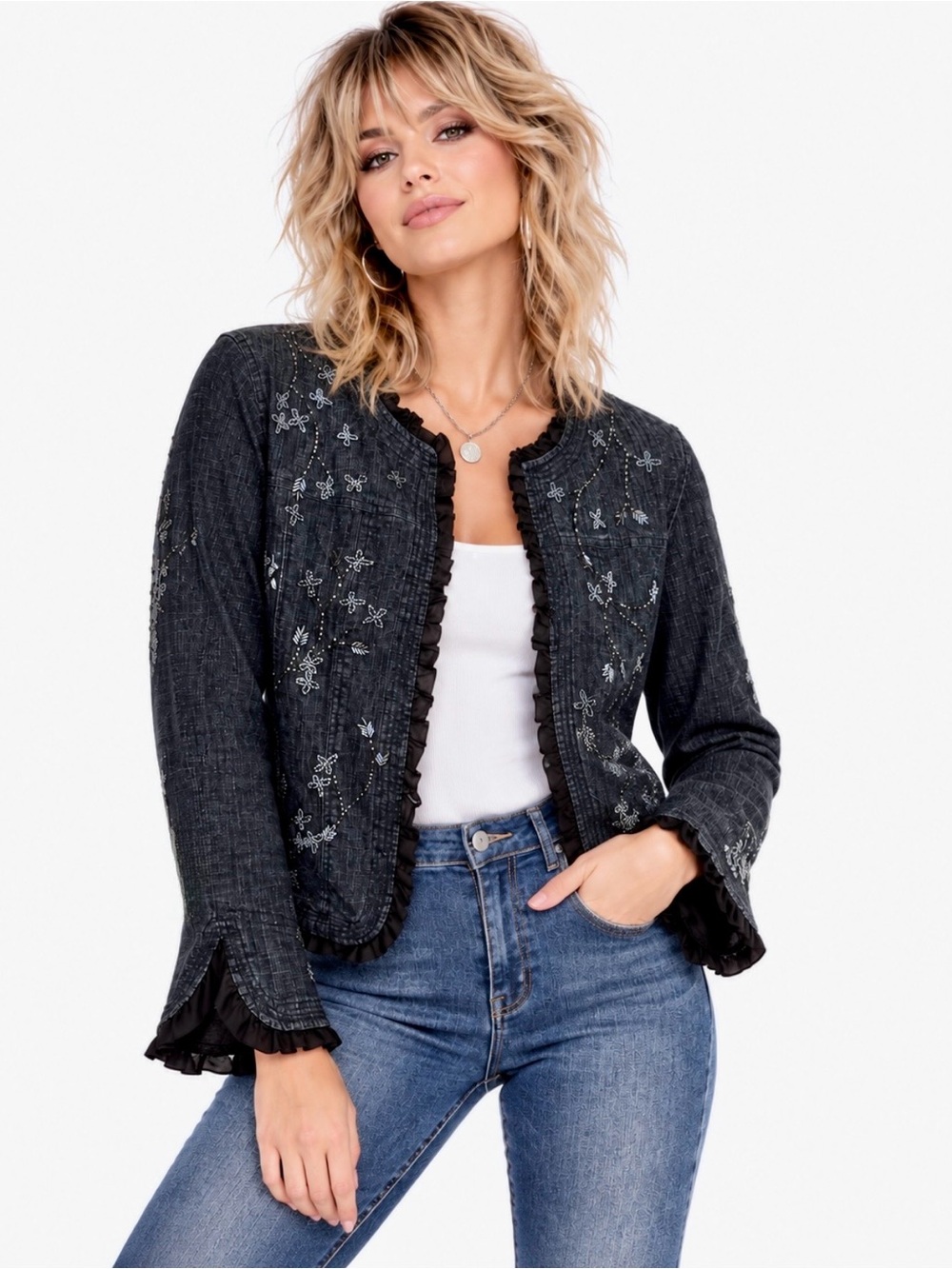 Acorn Beaded Denim Jacket XL Black Ruffle Boho Asymmetrical